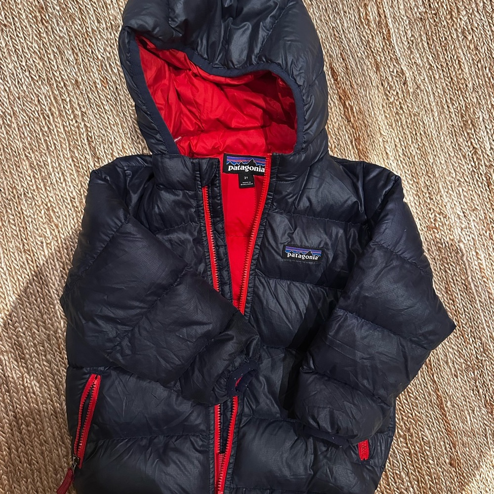 Patagonia Navy Puffer Jacket with Red Lining